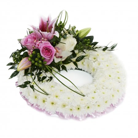 White based Wreath with pink top spray